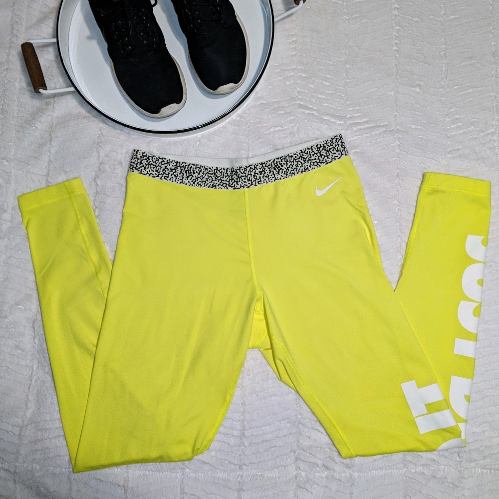 Nike Pro Dri Fit Yellow Workout Fitness Leggings L
